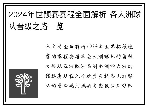 2024年世预赛赛程全面解析 各大洲球队晋级之路一览